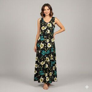 Summer Floral Maxi Dress - Black, Yellow, Teal